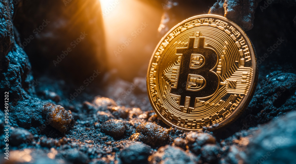 Poster a shiny bitcoin rests on a rugged surface, illuminated by a warm light source, highlighting its intr