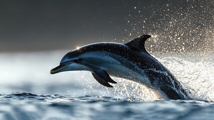   Dolphin jumps out of water with mouth open and head above surface