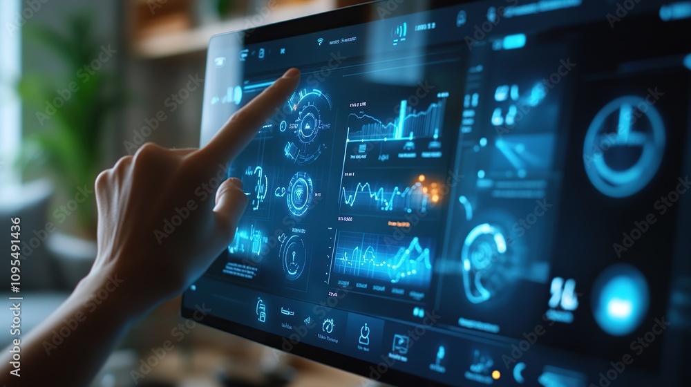 Poster closeup of a hand interacting with a futuristic interface on a large screen.