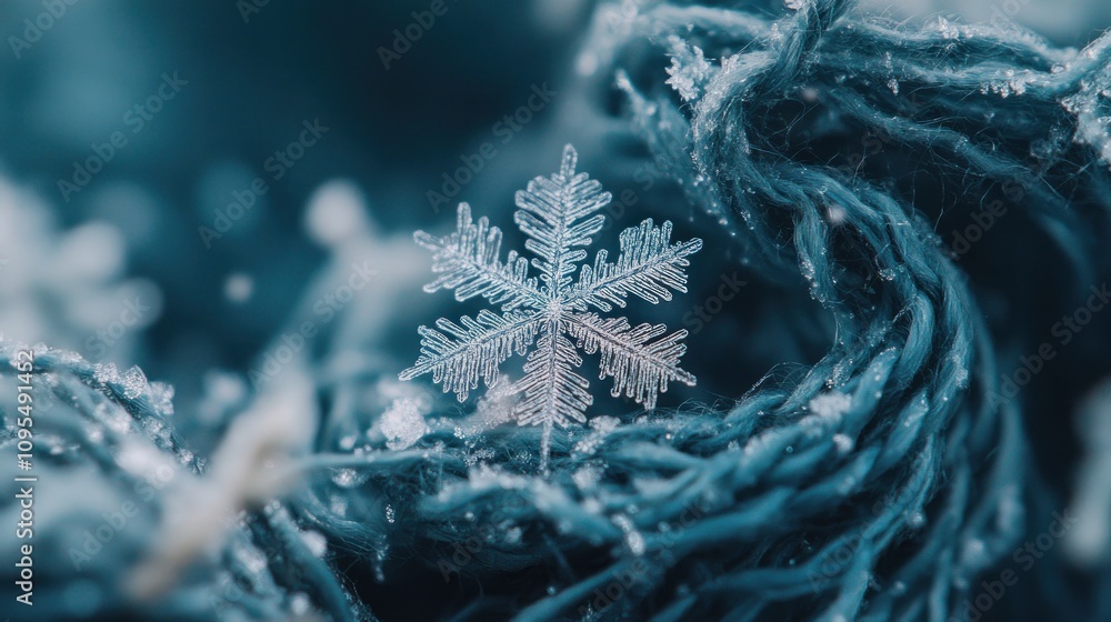 Poster Macro Photography of a Single Snowflake on a Blue Background