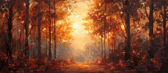 Golden autumn path through a forest with vibrant foliage.