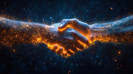 Glowing handshake symbolizing digital connection, spark and light effect on handshake, concept of technology partnership and teamwork in digital world, collaboration theme