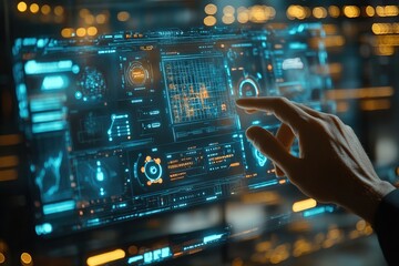 A hand reaches out to touch a futuristic digital display with glowing blue and orange graphics.
