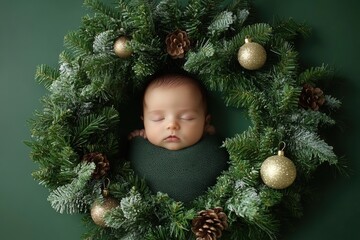 Adorable newborn baby peacefully sleeping within a green Christmas wreath decorated with pinecones and golden ornaments on a green background.