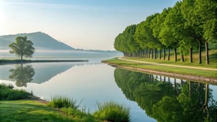 Obraz premium Calm waters create reflection embodying sustainable development.