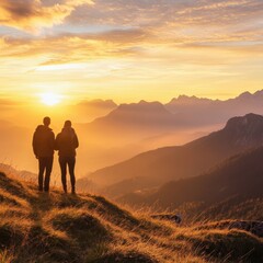 Fototapeta premium Sunset over peaceful mountains with a couple celebrating retirement, golden light reflects financial freedom, financial freedom, retirement