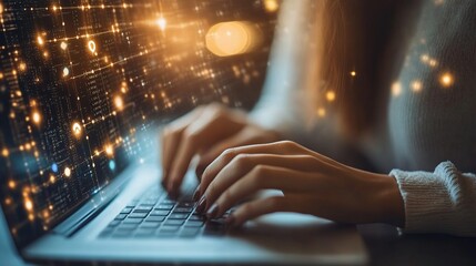 Woman Typing on Laptop with Digital Data Overlay