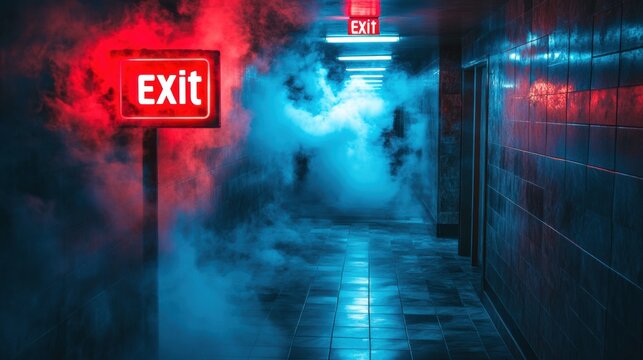 Dimly lit hallway with glowing red exit sign, foggy mysterious atmosphere, dramatic lighting, eerie vibe, dark corridor, blue fog, emergency light, suspenseful setting - Powered by Adobe