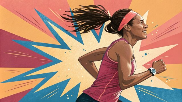 An enthusiastic runner pushes forward sweat glistening on her brow as her hair flares out in the wind framed by a burst of brilliant colors that symbolize her determination and