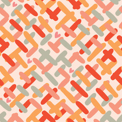 Colorful seamless pattern with diagonal hand drawn figures and hearts.Geometric abstract background or texture for printing on fabric and paper.Vector design for textile,wallpaper,cover.
