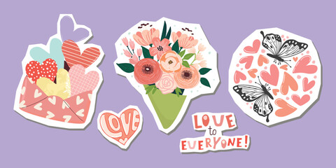 Valentines Day stickers pack with envelope,hearts,bouquet of flowers and butterflies.Colorful vector objects isolated on lilac background.Romantic elements for postcard,invitation,banner template.
