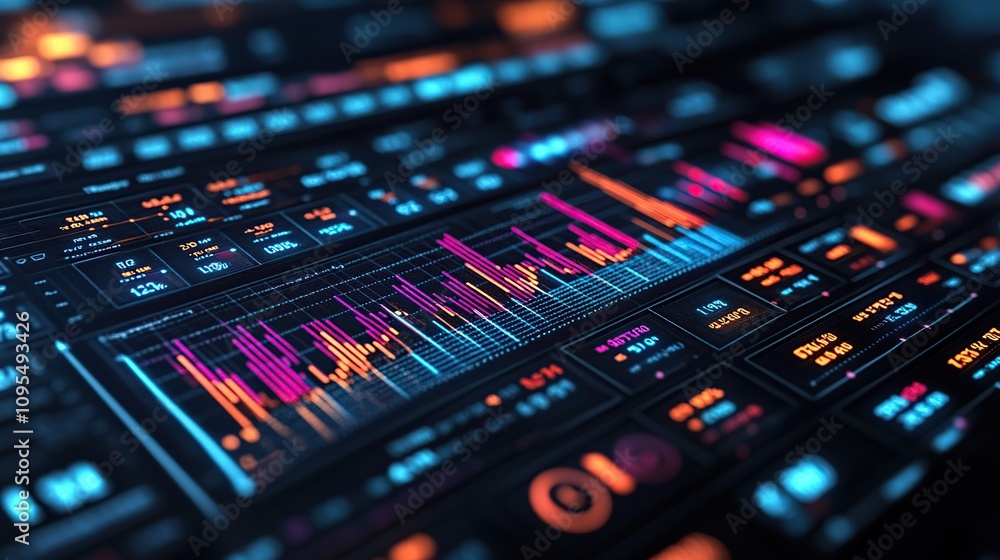 Poster futuristic data visualization: dynamic charts and graphs on a digital interface