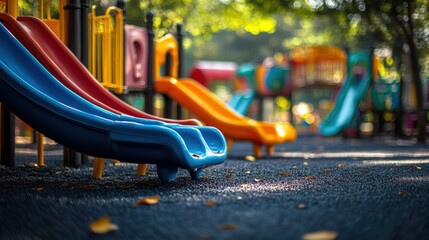 Colorful children’s playground with bright slides, outdoor recreation area, fun play structures, vibrant colors, safe play environment, trees, slides and climbers, kid-friendly park