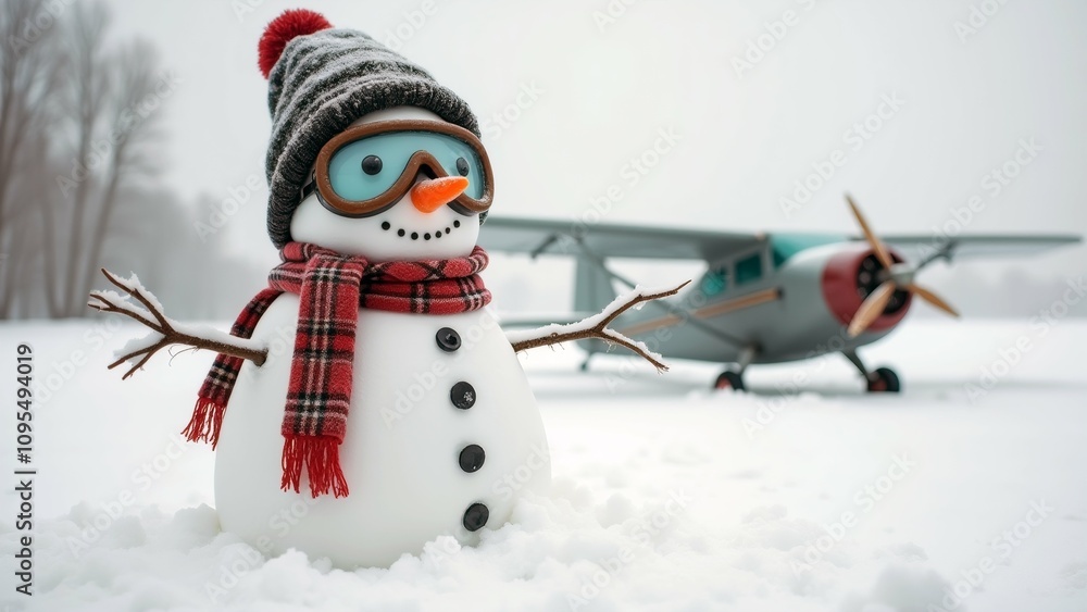 Poster the image shows a snowman standing in the snow with a small airplane in the background.