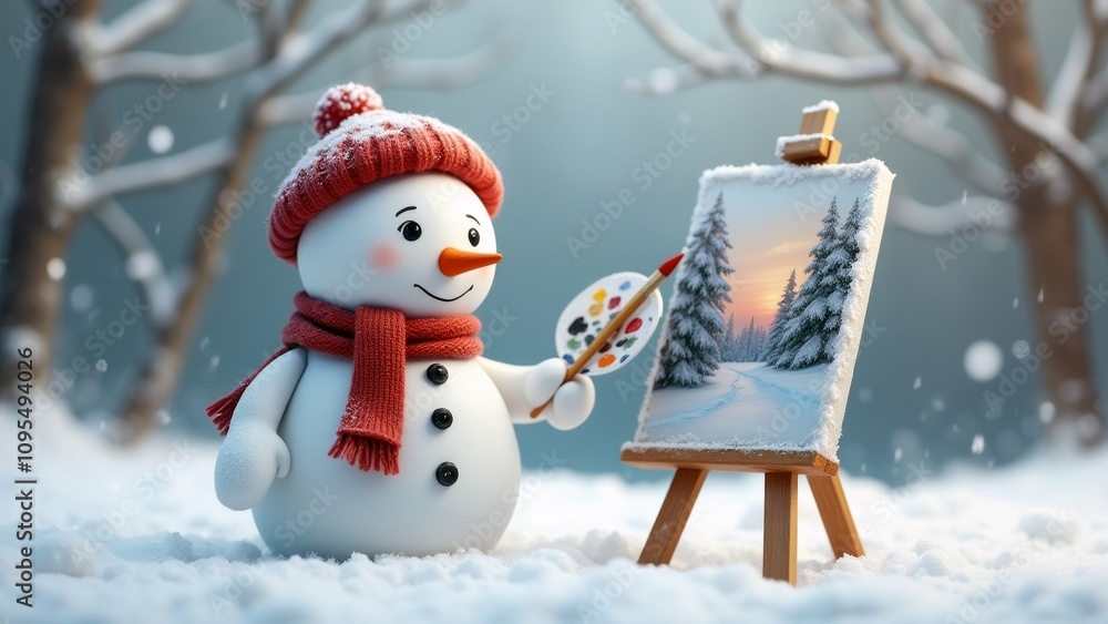 Poster the image shows a snowman standing in a snowy landscape with trees in the background. the snowman is