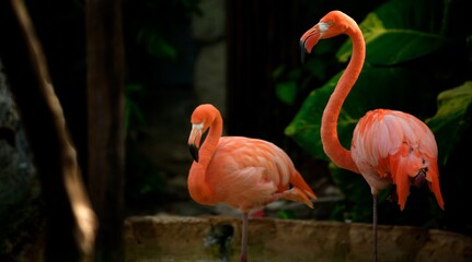 Two beautiful pink flamingos near plant, medium shot 