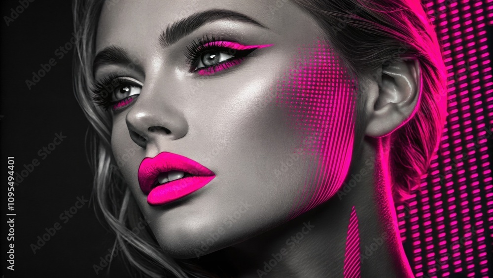 Poster in this dynamic portrait the lips are highlighted with vivid neon pink. the pixelated effect cascade