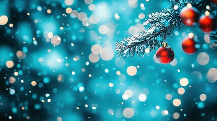   A Christmas tree branch with a red ornament dangling from its needles, against a blurry lights backdrop