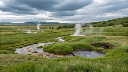 An expansive grassy field dotted with geothermal wells harnessing heat from the Earth.