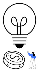 Woman pointing at oversized lightbulb and coin, signifying ideas and wealth. Ideal for business strategy, creativity, innovation, finance, investment, entrepreneurship education. Line metaphor