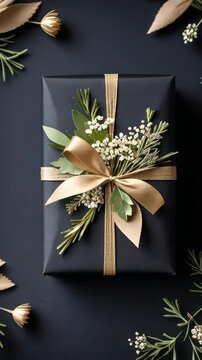 A beautifully decorated black box with a gold ribbon and a variety of flowers adorning its top. The box is placed on a black background, creating a striking contrast between the box