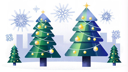 Festive Christmas vector design with decorated pine trees, snowflakes, and golden ornaments, in a modern flat illustration style, perfect for greeting cards and web banners