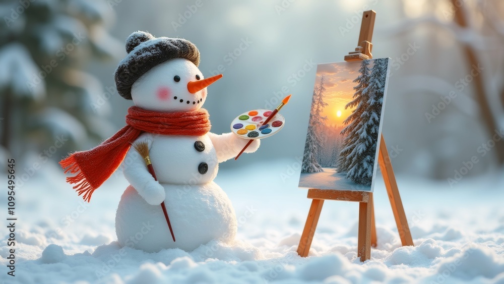 Poster the image shows a snowman standing in a snowy landscape with trees in the background.