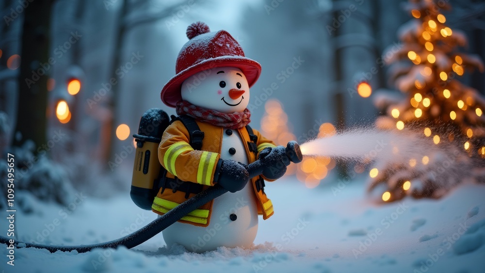 Poster the image shows a snowman wearing a red hat and a yellow jacket with a backpack on its back. the sno