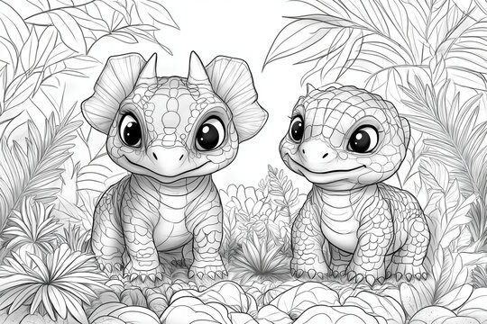 dinosaures illustration, coloriage enfant, &agrave; imprimer, noir et blanc, activit&eacute;, dessin, mignon, tout-petits, adorable, joli, fun, loisir