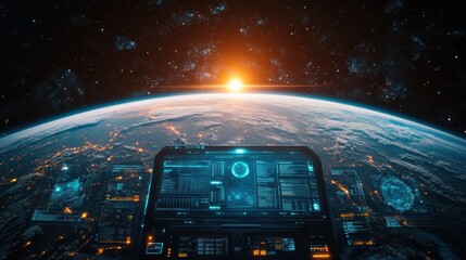 Digital view of earth from space with data overlays, futuristic global network, international communication, technology innovation, internet connections, digital planet