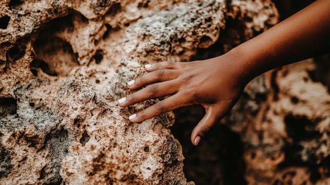 A close-up of a dark-skinned hand with white nails gently touching a textured rock surface. - Powered by Adobe