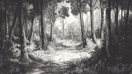 Obraz premium Nostalgic forest landscape art, hand-drawn