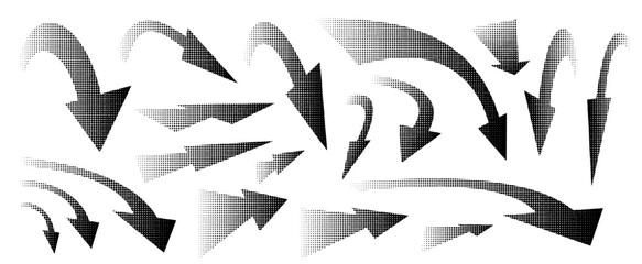 Set of different arrow shapes in perspective with Halftone effect in black color for design in fun presentations and animated visuals with dot texture. vector illustration