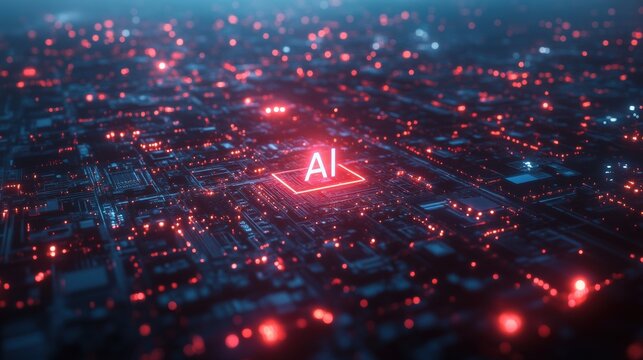AI circuit board close-up, futuristic red and blue lighting, artificial intelligence technology, advanced digital system, neural network visualization, glowing tech grid