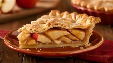A slice of apple pie on a red plate, with a red napkin and wooden background.