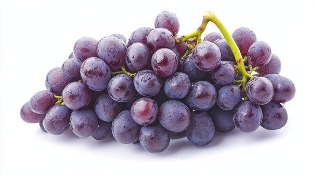 A bunch of plump grapes, their deep purple skins glistening with freshness, Each grape hanging in a perfect cluster