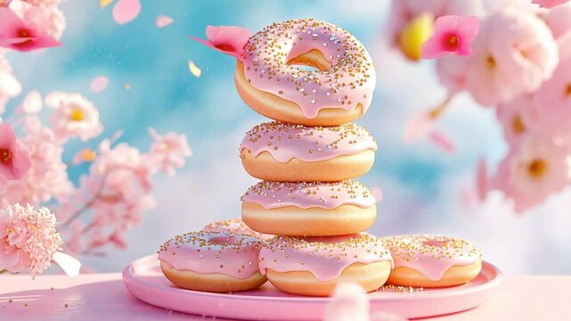 Stack of pink donuts with gold sprinkles on a plate, against a blurred background of pink flowers.