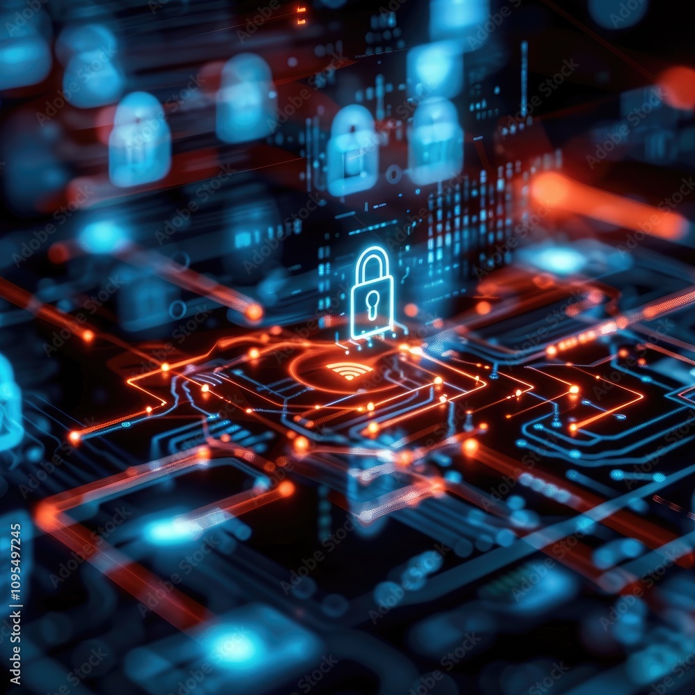Poster a digital representation of a secure network, featuring glowing circuits and a padlock symbolizing c