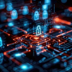 A digital representation of a secure network, featuring glowing circuits and a padlock symbolizing cybersecurity and data protection.