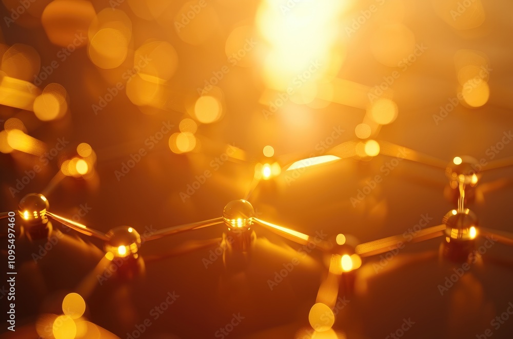 Poster a close-up image showcasing a network of golden spheres and glowing lines, evoking a sense of warmth