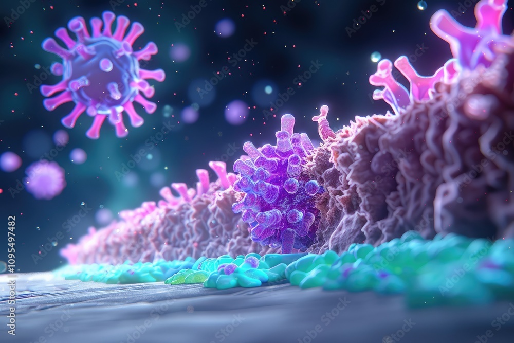 Poster a vibrant depiction of viruses interacting with cellular structures, showcasing the intricate world 