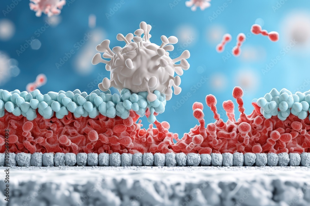 Poster a colorful illustration of cellular structures, depicting interactions between immune cells and path