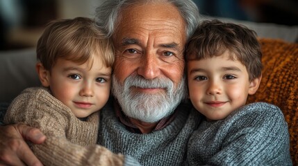Loving grandfather embracing two young grandsons, happy family portrait, warmth and bonding, elder and children relationship, affection, joyful moment, indoor cozy scene, togetherness