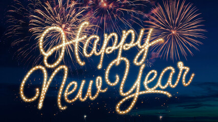  Happy New Year sparkling wishes and the sky is filled with fireworks.