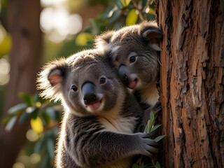 Fototapeta premium Baby Koalas Cuddled in Eucalyptus Tree Under Soft Sunlight