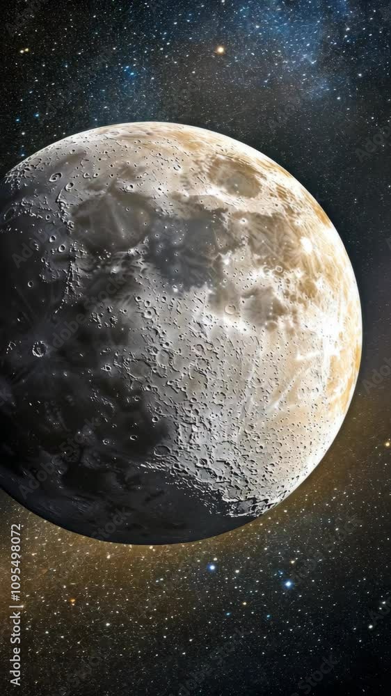 Poster captivating view of a detailed lunar surface against a backdrop of stars in deep space