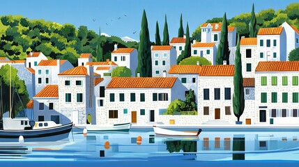 Obraz premium Harbor with Boat & Row of Houses