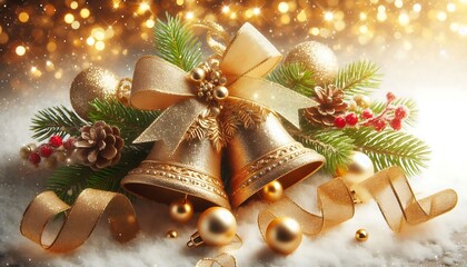 Golden Christmas bells with glittery ribbon on radiant white backdrop