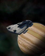Space Ship with Multiple Gun Turrets Leaving Orbit of a Gas Giant Planet, 3d digitally rendered science fiction illustration