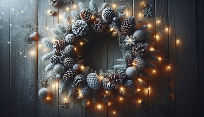 frosted Christmas wreath with pinecones and glowing fairy lights on rustic wooden door backdrop